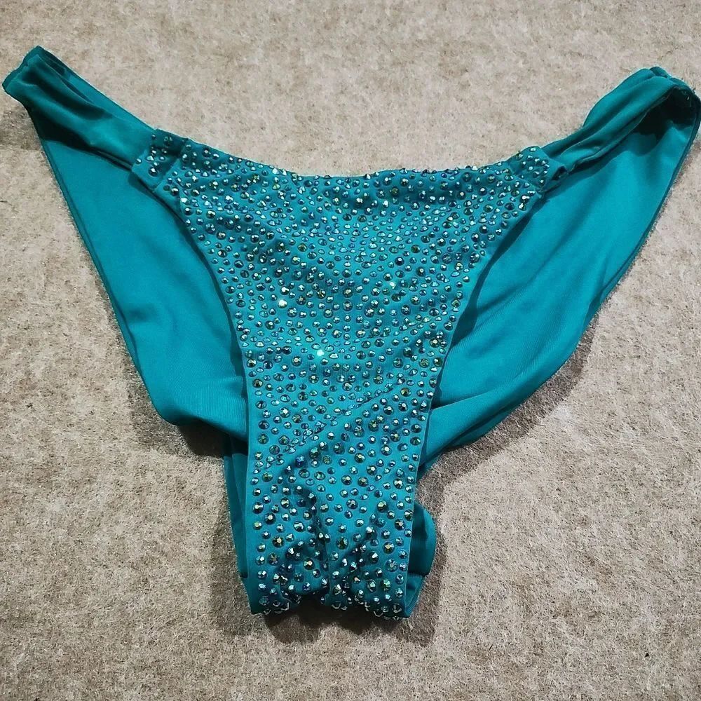Luxury Rhinestone Teal Scrunch Butt Pull On Bikini Bottom #8